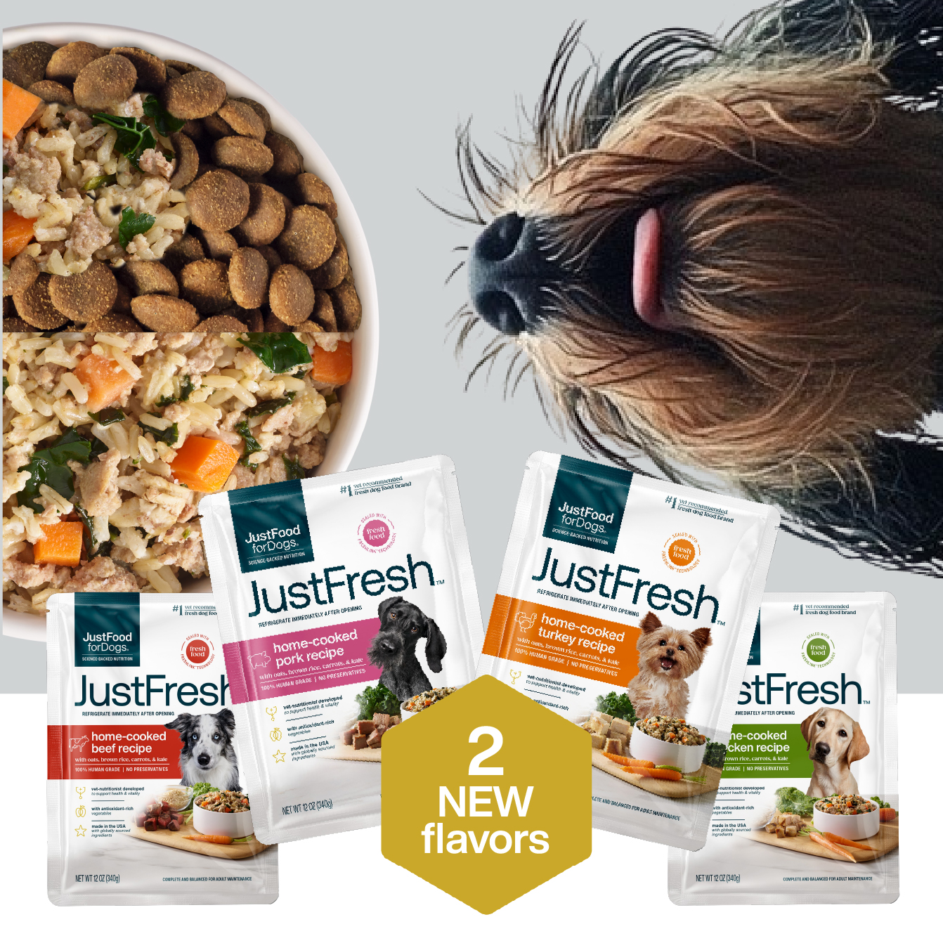 fresh dog food in a pouch that is preservative-free and resealable for easy storage