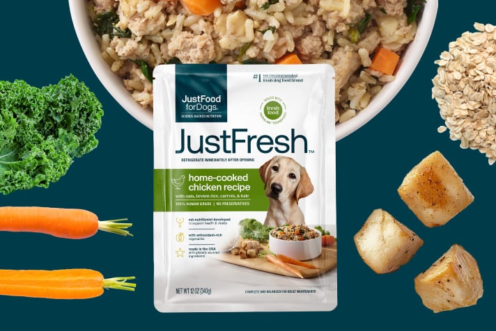 justfresh shelf-stable dog food in convenient resealable pouches