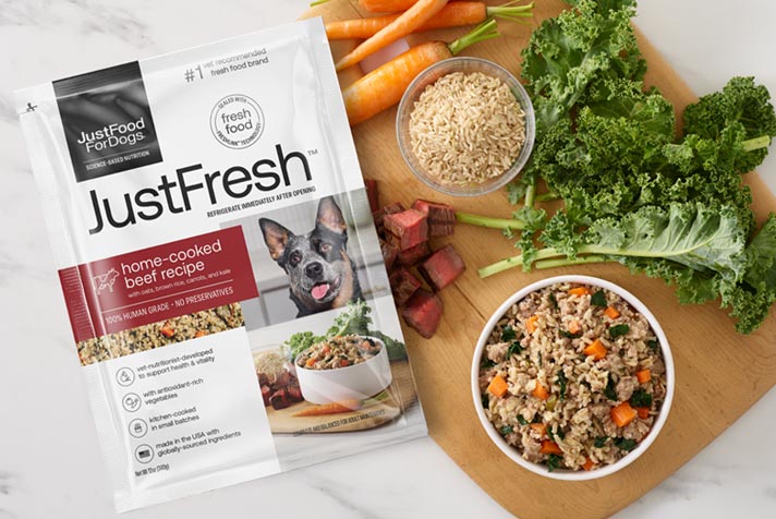 justfresh shelf-stable dog food in convenient resealable pouches