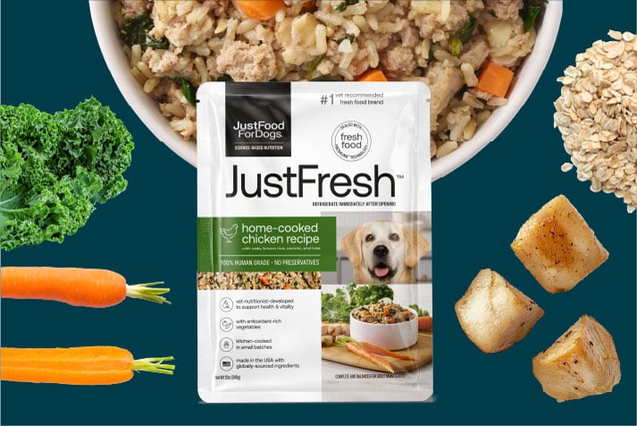 justfresh shelf-stable dog food in convenient resealable pouches