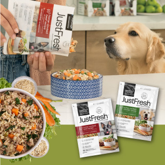 fresh dog food in a pouch that is preservative-free and resealable for easy storage