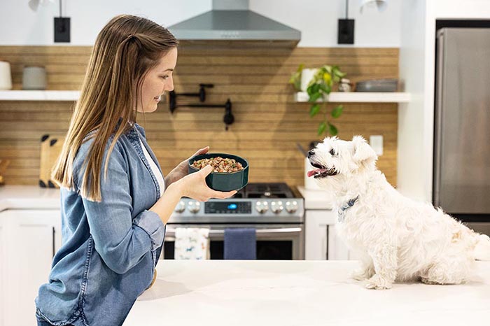 a woman giving her little dog a bowl of food in the kitchen