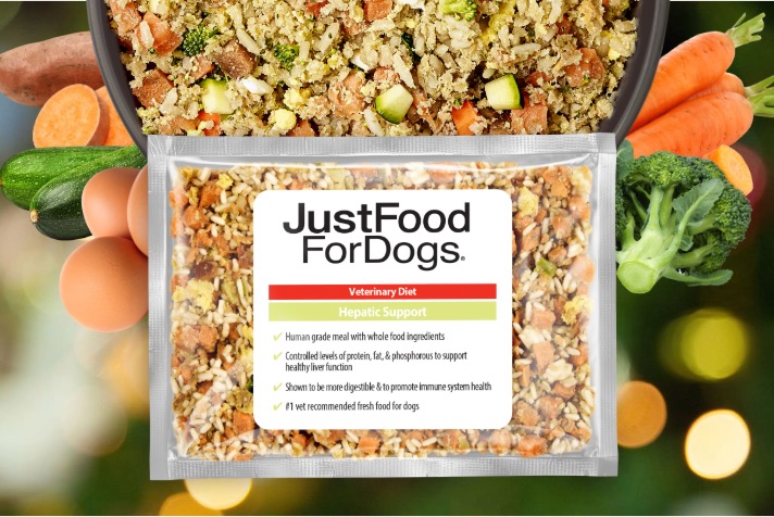 just food for dogs renal support low protein fresh frozen recipe presented in a bowl, with raw, fresh ingredients displayed around the bowl